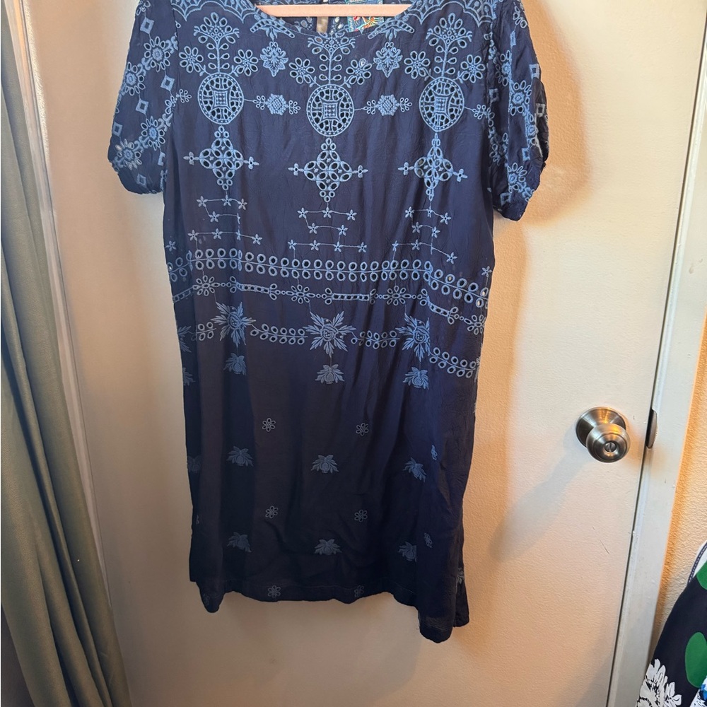 Johnny Was Navy Blue Embroidered Short Sleeve Dress